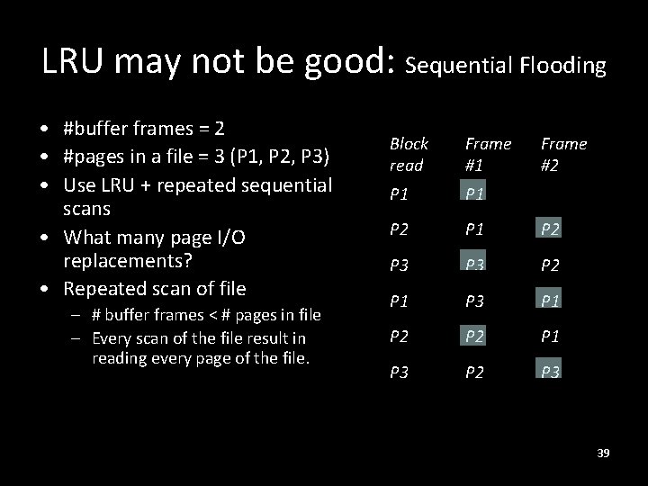 LRU may not be good: Sequential Flooding • #buffer frames = 2 • #pages