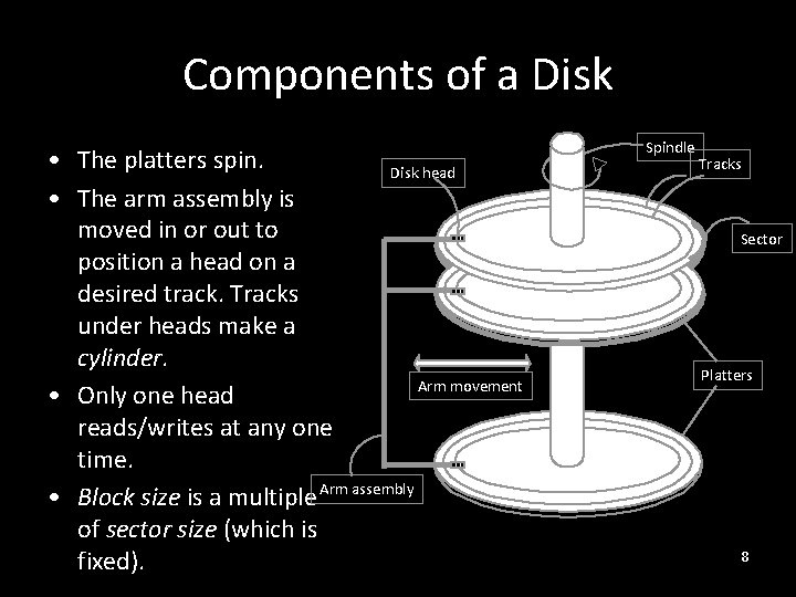 Components of a Disk • The platters spin. Disk head • The arm assembly