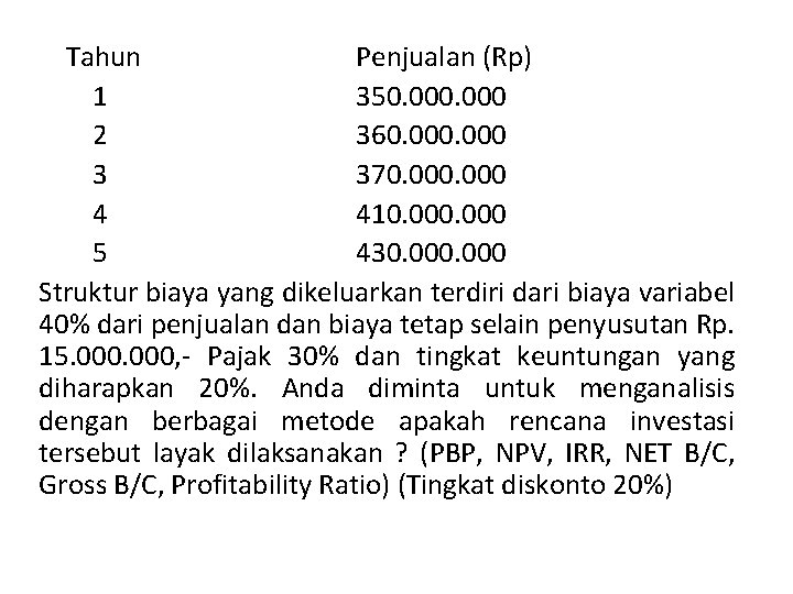 Tahun Penjualan (Rp) 1 350. 000 2 360. 000 3 370. 000 4 410.