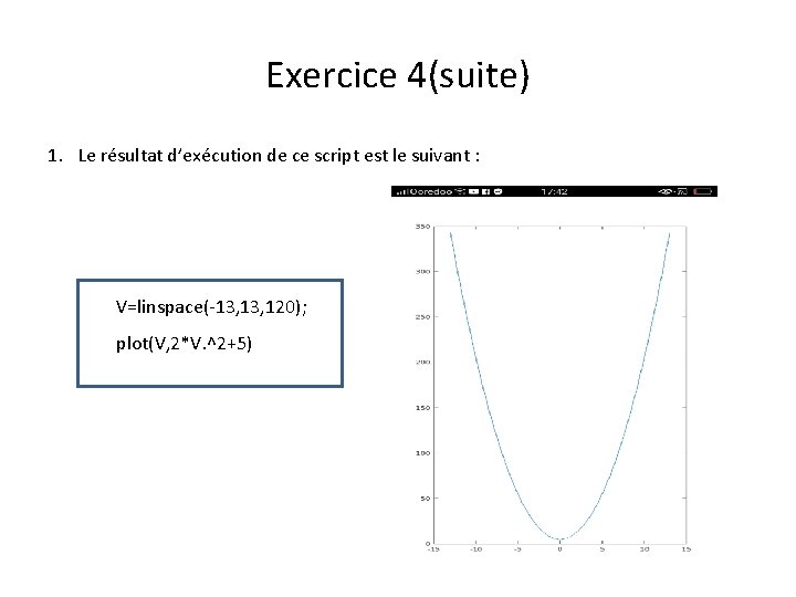 Exercice 4(suite) 1. Le résultat d’exécution de ce script est le suivant : V=linspace(-13,