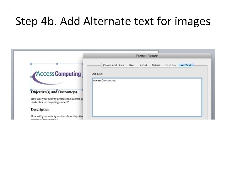 Step 4 b. Add Alternate text for images 