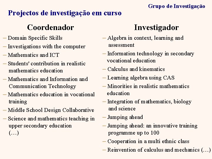 Projectos de investigação em curso Coordenador – Domain Specific Skills – Investigations with the