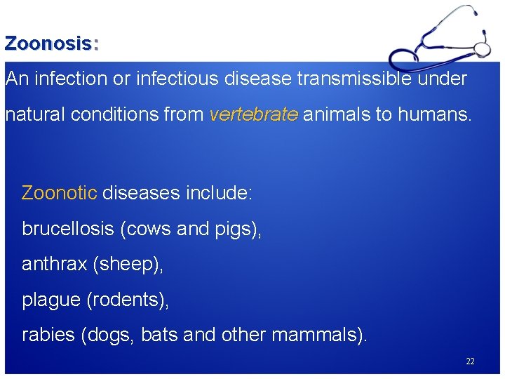 Zoonosis: An infection or infectious disease transmissible under natural conditions from vertebrate animals to