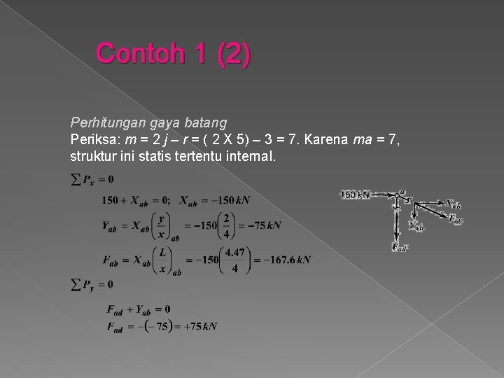 Contoh 1 (2) Perhitungan gaya batang Periksa: m = 2 j – r =