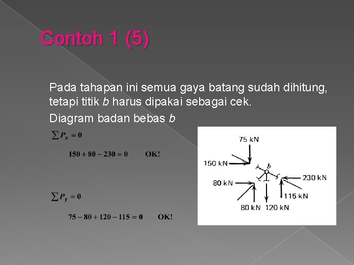 Contoh 1 (5) Pada tahapan ini semua gaya batang sudah dihitung, tetapi titik b