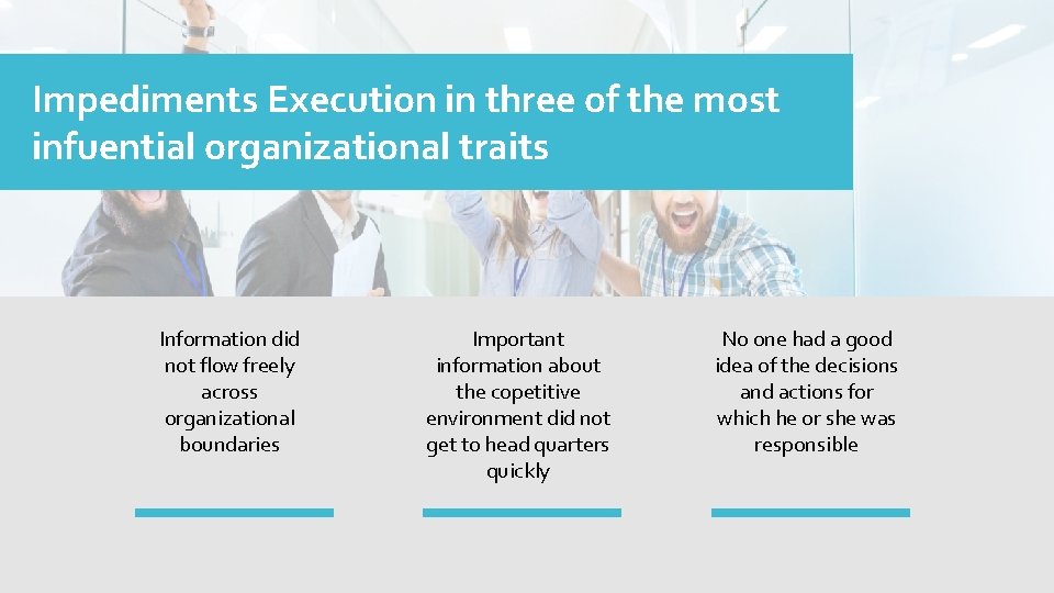 Impediments Execution in three of the most infuential organizational traits Information did not flow