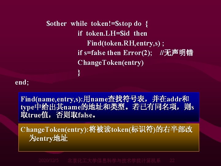 $other while token!=$stop do { if token. LH=$id then Find(token. RH, entry, s) ; $other while token!=$stop do { if token. LH=$id then Find(token. RH, entry, s) ;