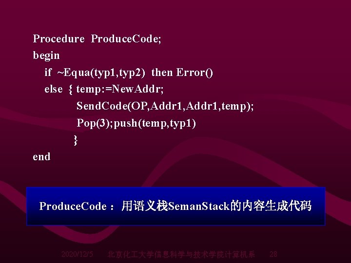Procedure Produce. Code; begin if ~Equa(typ 1, typ 2) then Error() else { temp: Procedure Produce. Code; begin if ~Equa(typ 1, typ 2) then Error() else { temp: