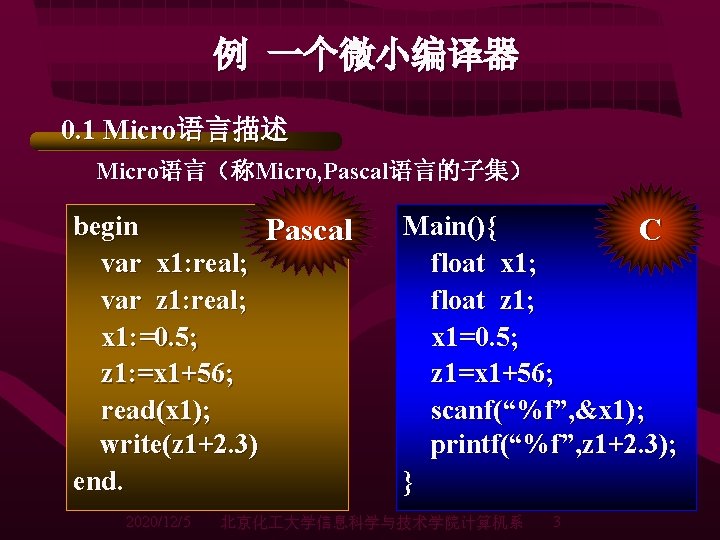 例 一个微小编译器 0. 1 Micro语言描述 Micro语言(称Micro, Pascal语言的子集) begin Pascal var x 1: real; var 例 一个微小编译器 0. 1 Micro语言描述 Micro语言(称Micro, Pascal语言的子集) begin Pascal var x 1: real; var