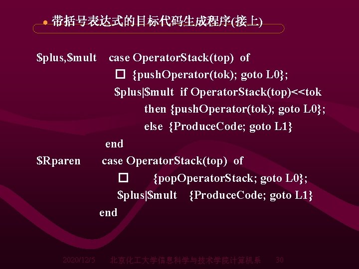 ● 带括号表达式的目标代码生成程序(接上) $plus, $mult case Operator. Stack(top) of � {push. Operator(tok); goto L 0}; ● 带括号表达式的目标代码生成程序(接上) $plus, $mult case Operator. Stack(top) of � {push. Operator(tok); goto L 0};