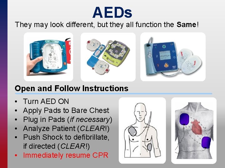 AEDs They may look different, but they all function the Same! Open and Follow