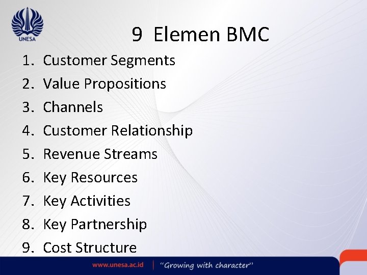 9 Elemen BMC 1. 2. 3. 4. 5. 6. 7. 8. 9. Customer Segments