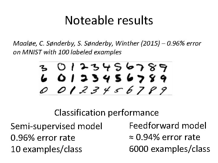 Noteable results Maaløe, C. Sønderby, S. Sønderby, Winther (2015) – 0. 96% error on