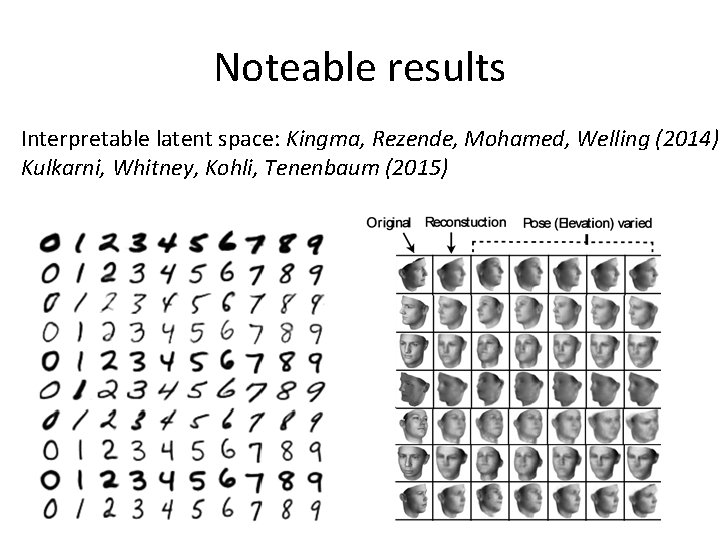 Noteable results Interpretable latent space: Kingma, Rezende, Mohamed, Welling (2014) Kulkarni, Whitney, Kohli, Tenenbaum