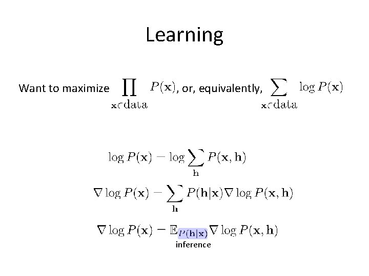 Learning Want to maximize , or, equivalently, inference 