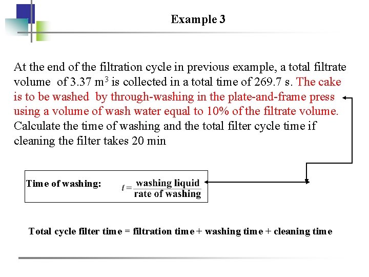 Example 3 At the end of the filtration cycle in previous example, a total