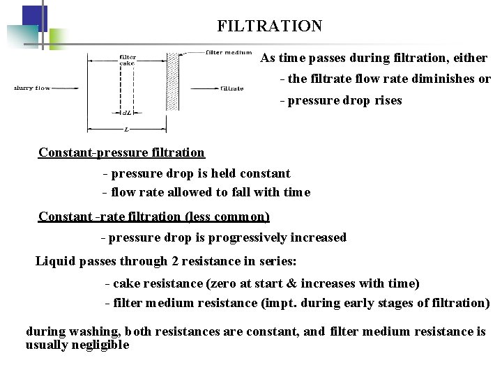 FILTRATION As time passes during filtration, either - the filtrate flow rate diminishes or
