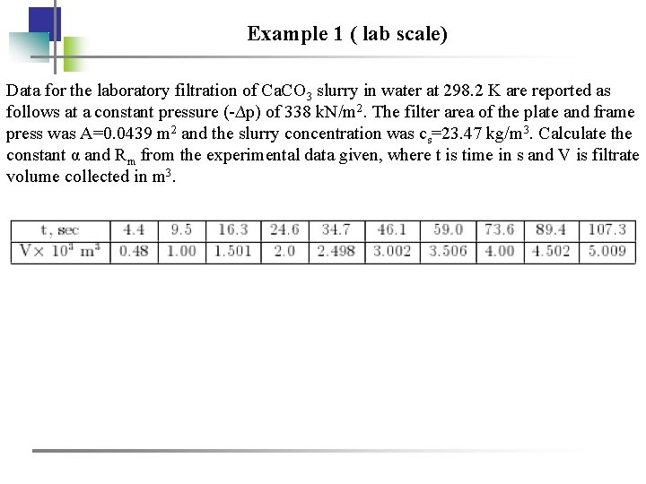 Example 1 ( lab scale) Data for the laboratory filtration of Ca. CO 3