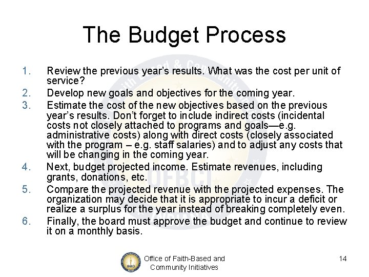 The Budget Process 1. 2. 3. 4. 5. 6. Review the previous year’s results.