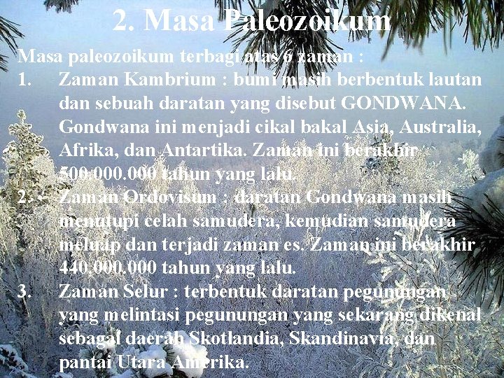 2. Masa Paleozoikum Masa paleozoikum terbagi atas 6 zaman : 1. Zaman Kambrium :