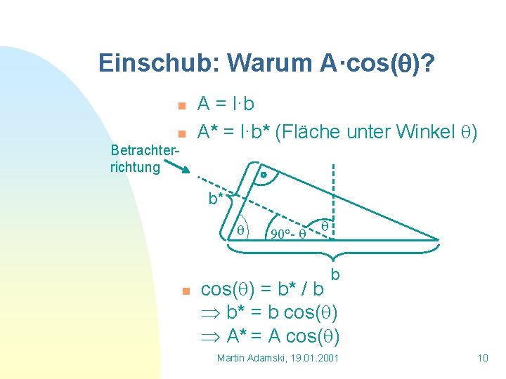Einschub: Warum A·cos( )? n n Betrachterrichtung A = l·b A* = l·b* (Fläche
