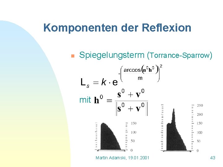 Komponenten der Reflexion n Spiegelungsterm (Torrance-Sparrow) mit Martin Adamski, 19. 01. 2001 43 