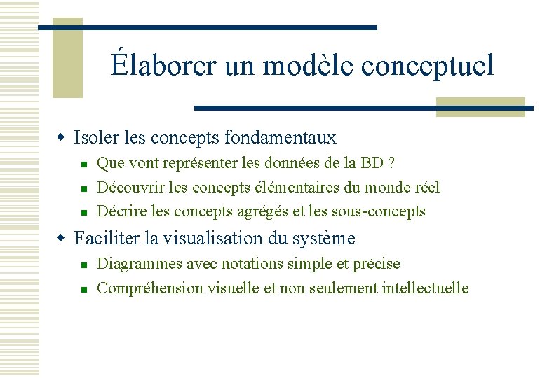 Élaborer un modèle conceptuel w Isoler les concepts fondamentaux n n n Que vont