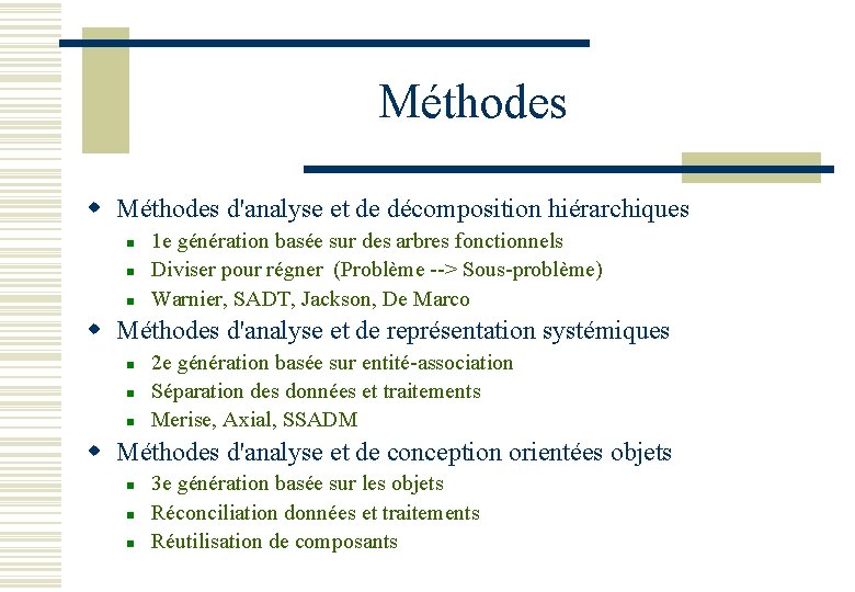 Méthodes w Méthodes d'analyse et de décomposition hiérarchiques n n n 1 e génération