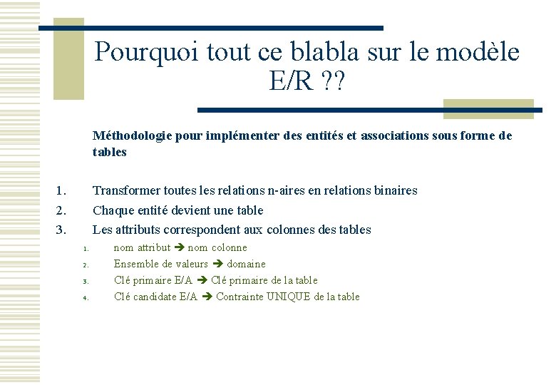 Pourquoi tout ce blabla sur le modèle E/R ? ? Méthodologie pour implémenter des