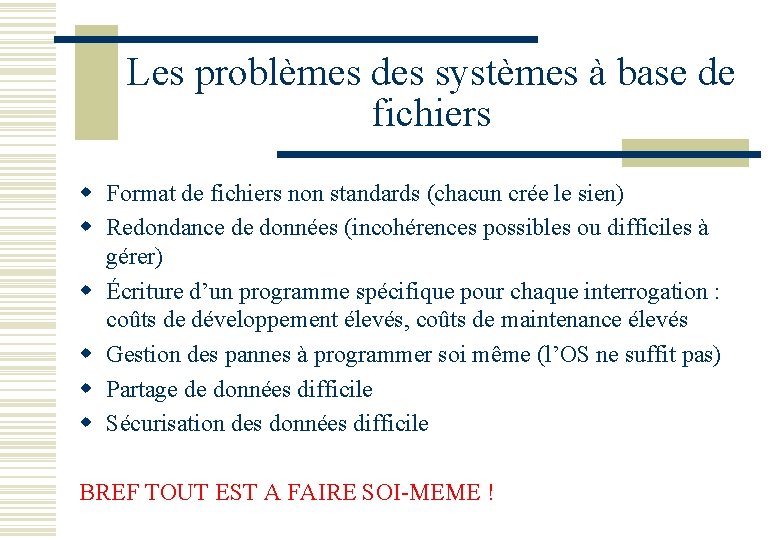 Les problèmes des systèmes à base de fichiers w Format de fichiers non standards