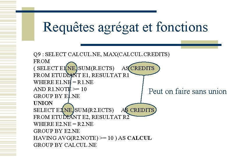 Requêtes agrégat et fonctions Q 9 : SELECT CALCUL. NE, MAX(CALCUL. CREDITS) FROM (