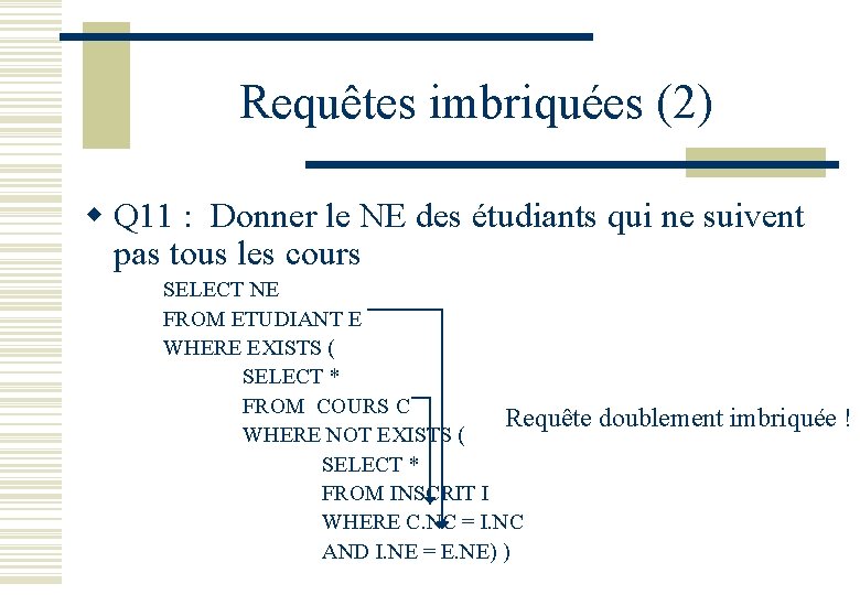 Requêtes imbriquées (2) w Q 11 : Donner le NE des étudiants qui ne