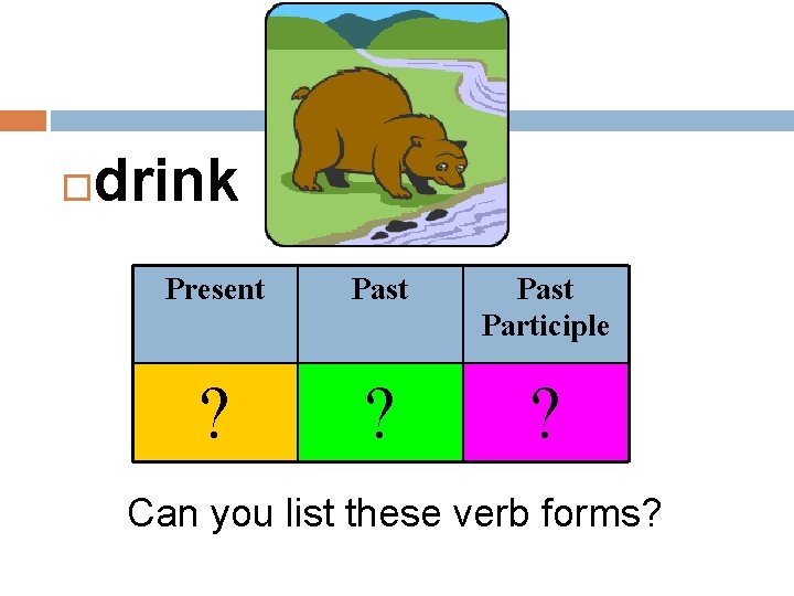  drink Present Past Participle ? ? ? Can you list these verb forms?