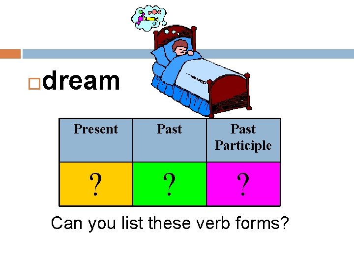  dream Present Past Participle ? ? ? Can you list these verb forms?