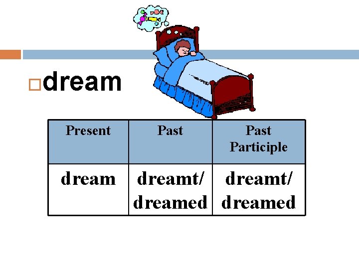  dream Present dream Past Participle dreamt/ dreamed 