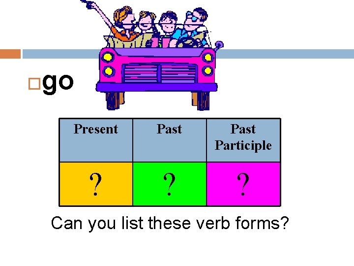  go Present Past Participle ? ? ? Can you list these verb forms?