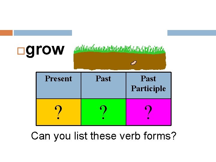  grow Present Past Participle ? ? ? Can you list these verb forms?