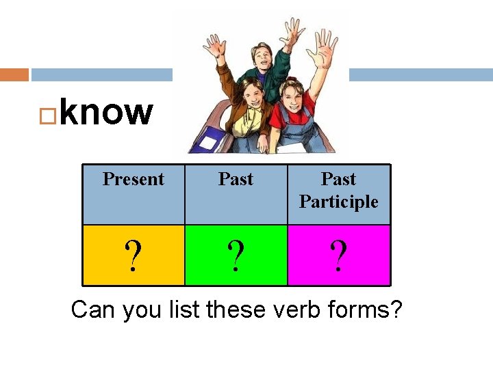  know Present Past Participle ? ? ? Can you list these verb forms?