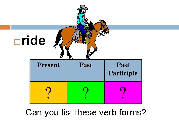  ride Present Past Participle ? ? ? Can you list these verb forms?