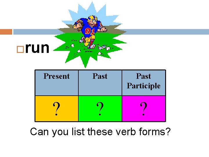  run Present Past Participle ? ? ? Can you list these verb forms?