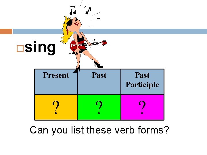  sing Present Past Participle ? ? ? Can you list these verb forms?