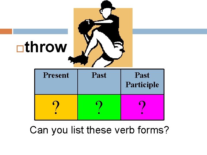  throw Present Past Participle ? ? ? Can you list these verb forms?