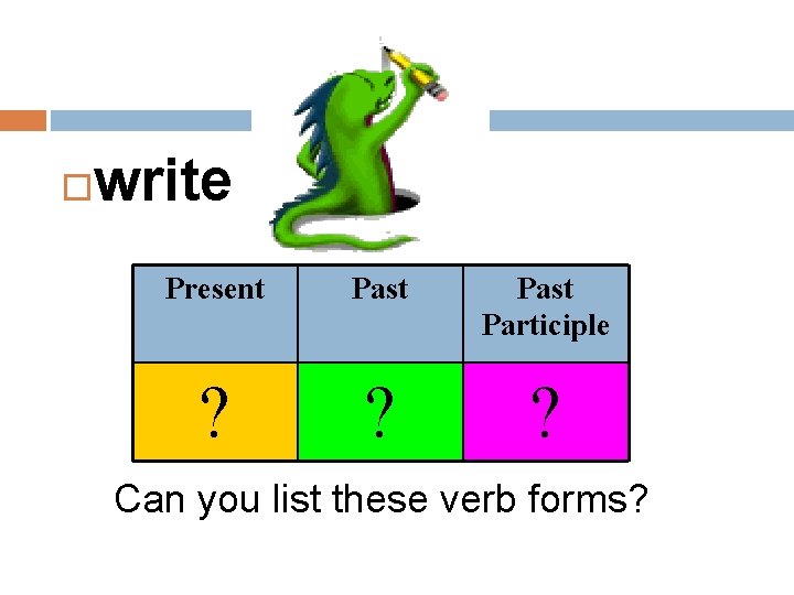  write Present Past Participle ? ? ? Can you list these verb forms?