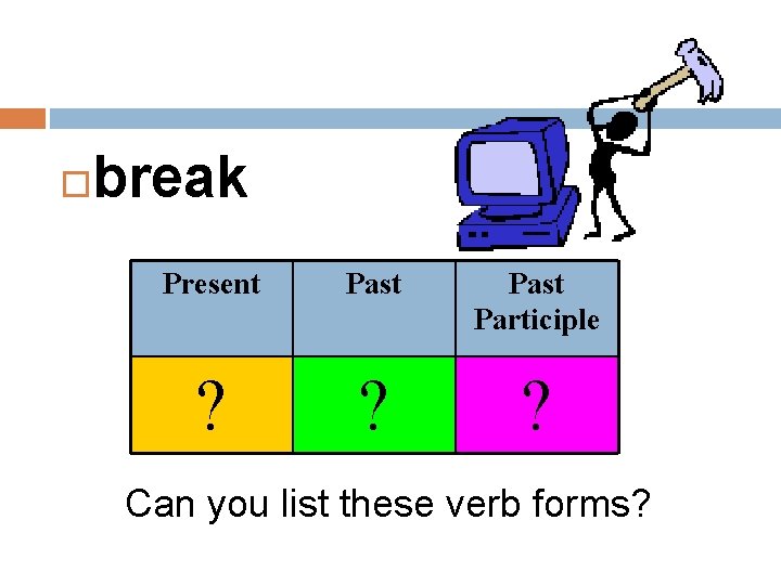  break Present Past Participle ? ? ? Can you list these verb forms?