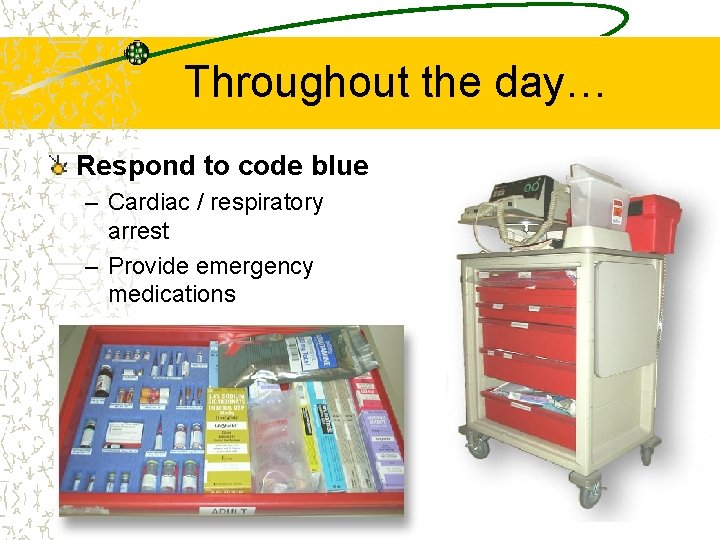 Throughout the day… Respond to code blue – Cardiac / respiratory arrest – Provide