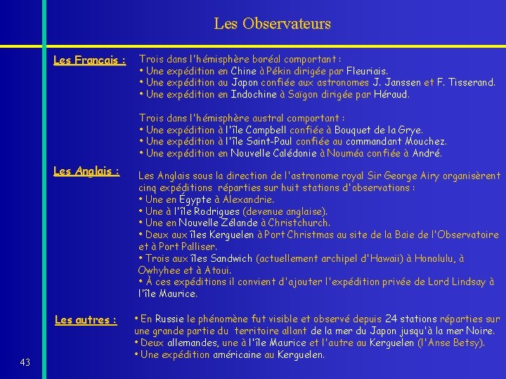 Les Observateurs Les Français : Trois dans l'hémisphère boréal comportant : • Une expédition