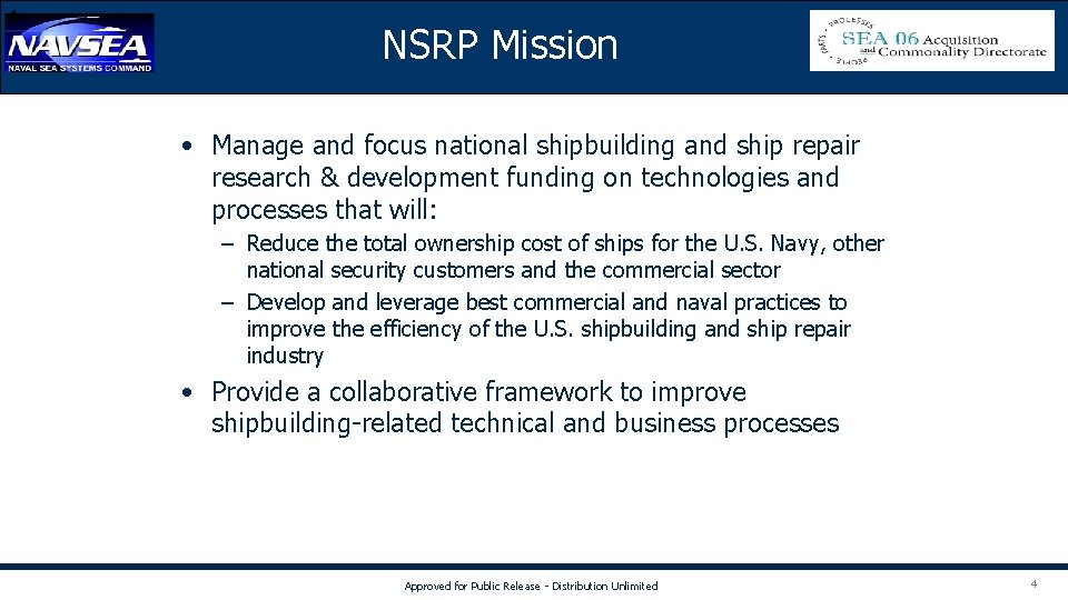 4 NSRP Mission • Manage and focus national shipbuilding and ship repair research &