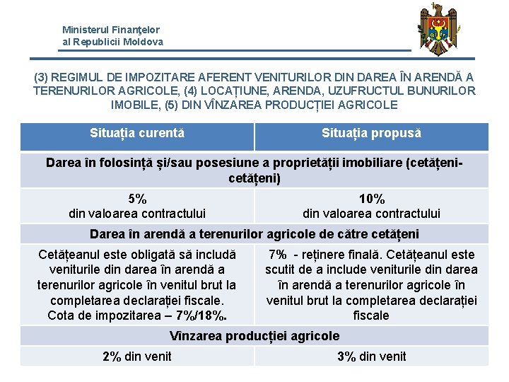 Ministerul Finanţelor al Republicii Moldova (3) REGIMUL DE IMPOZITARE AFERENT VENITURILOR DIN DAREA ÎN