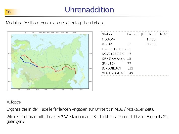 26 Uhrenaddition Modulare Addition kennt man aus dem täglichen Leben. Aufgabe: Ergänze die in