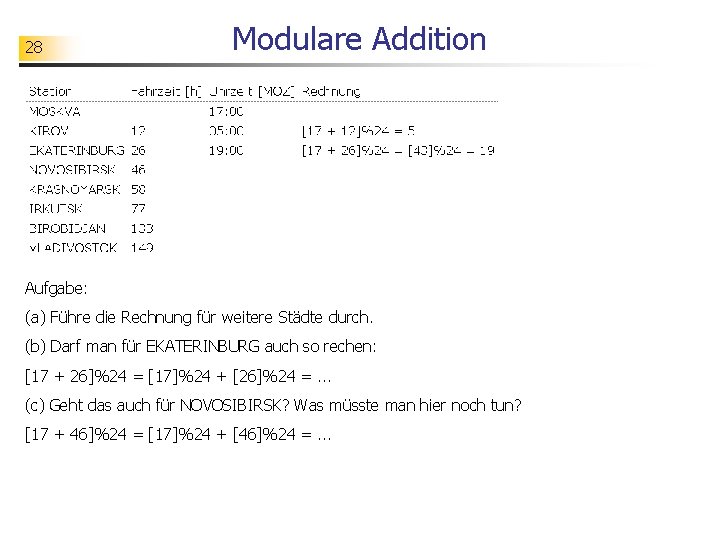 28 Modulare Addition Aufgabe: (a) Führe die Rechnung für weitere Städte durch. (b) Darf